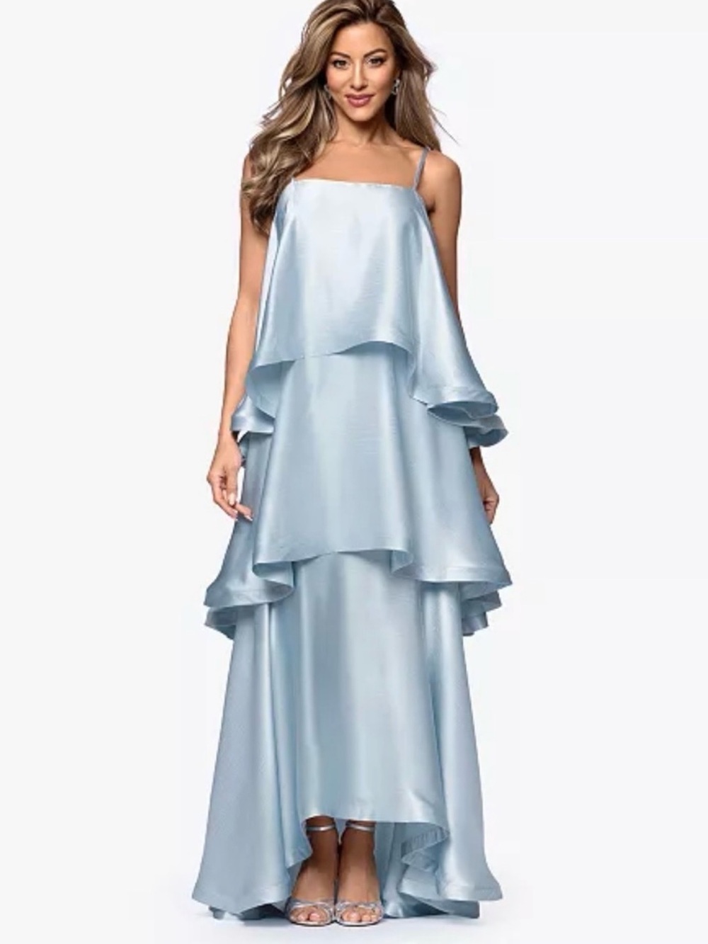 Xscape Swing Tiered Maxi Dress Blue 8 NWT Ruffle wedding Formal Satin Gown